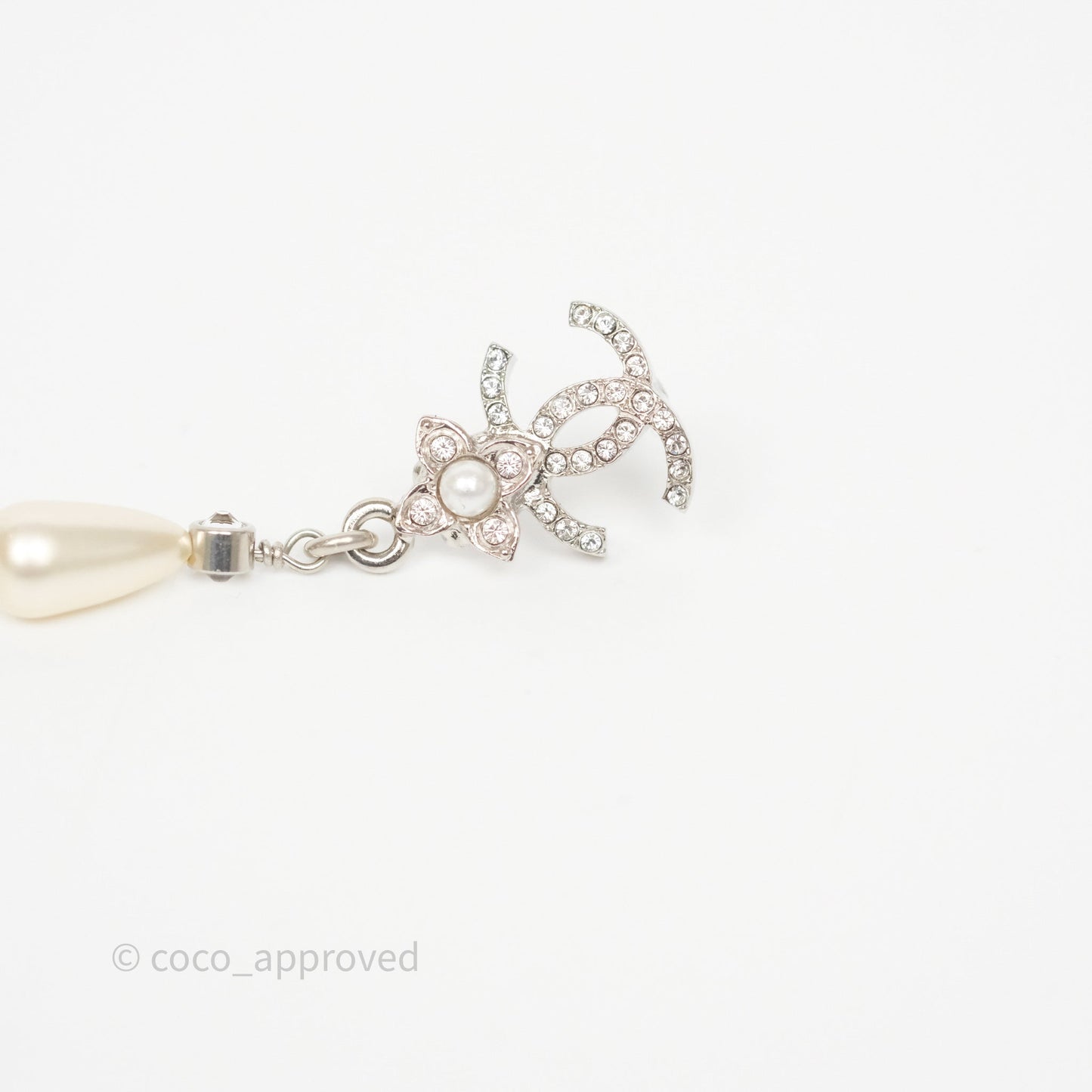 Chanel Crystals CC Tear Pearl Drop Earrings Silver Tone 22P