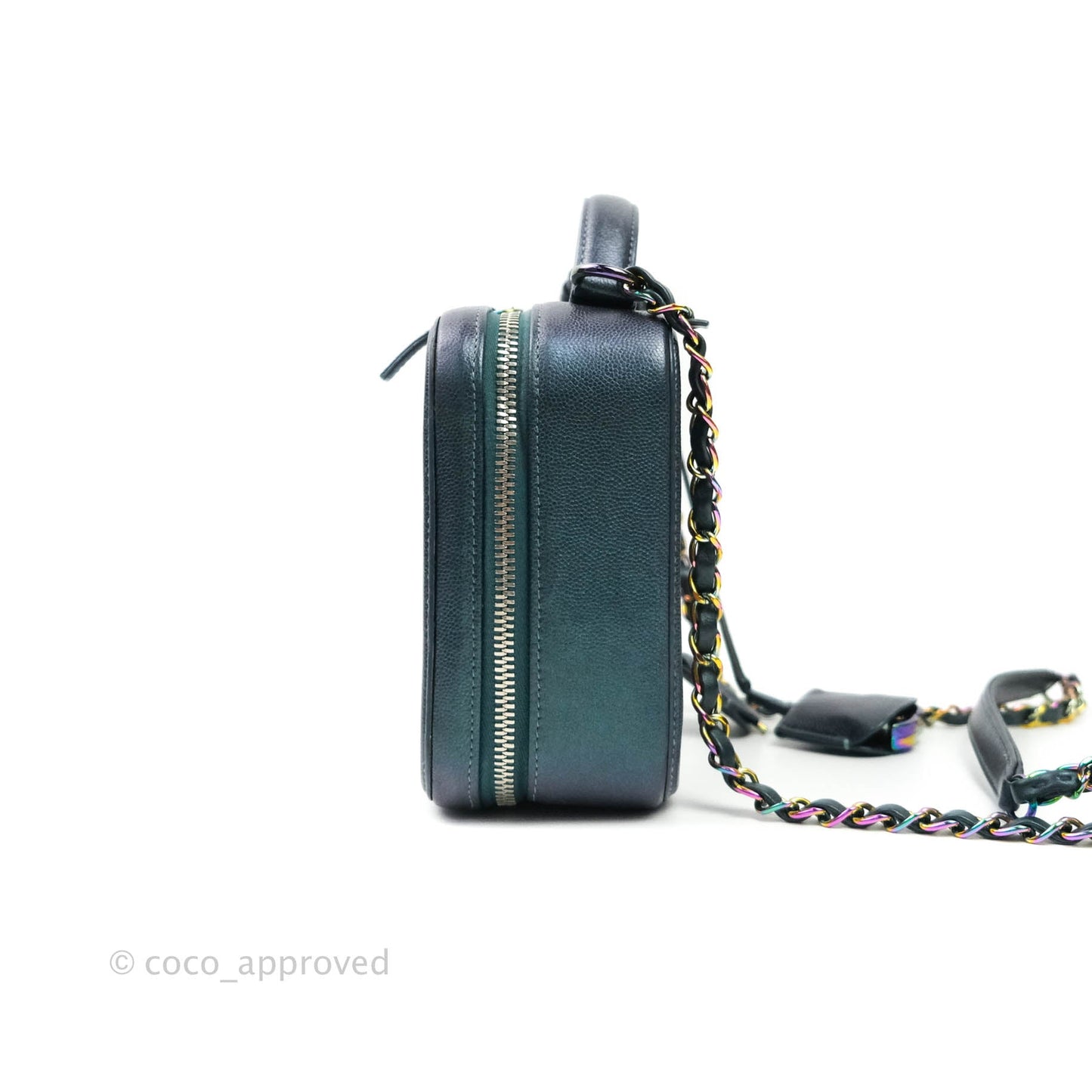 Chanel Quilted Medium CC Filigree Vanity Case Iridescent Dark Turquoise Caviar Rainbow Hardware