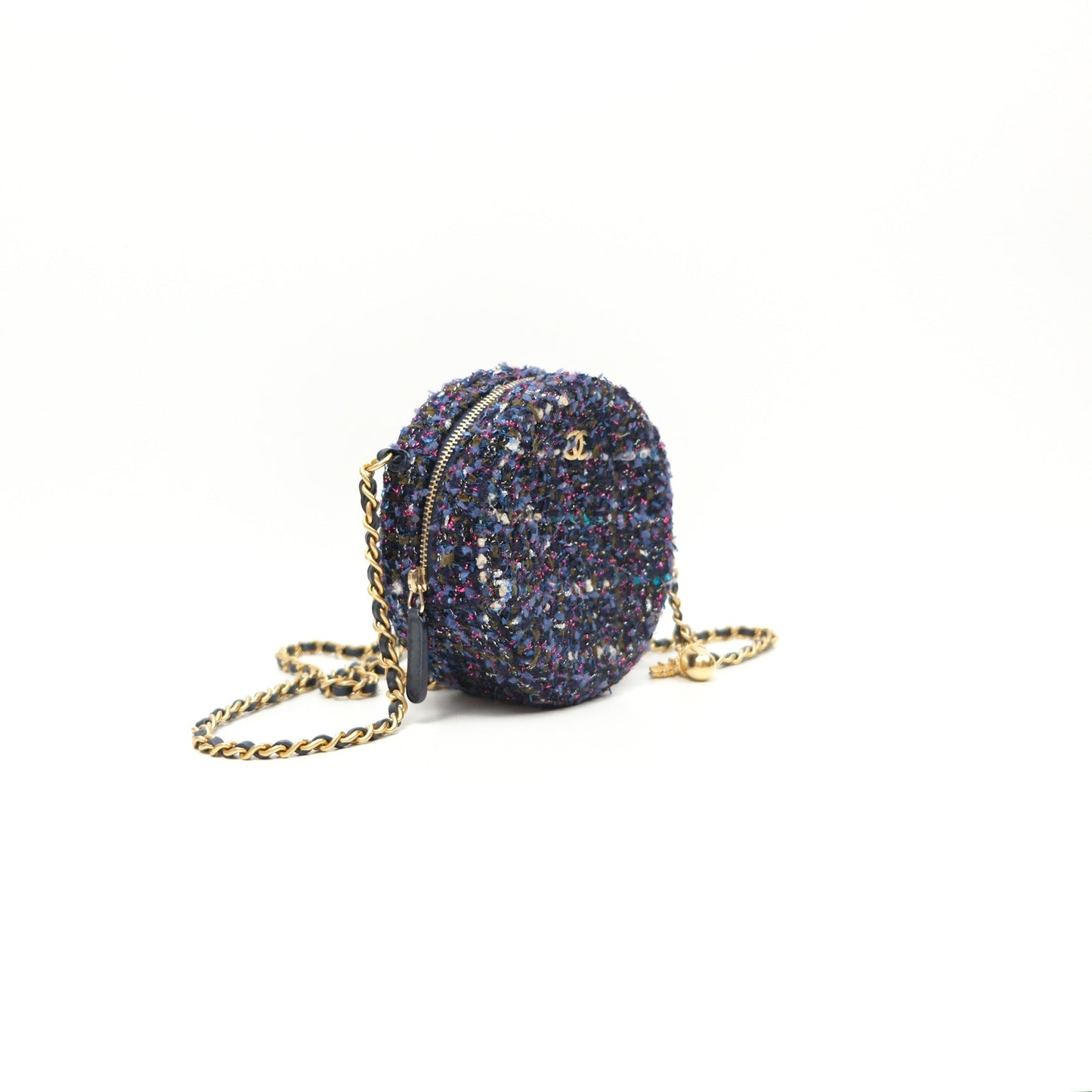Chanel Classic Quilted Round Clutch With Chain Navy Tweed Gold Hardware