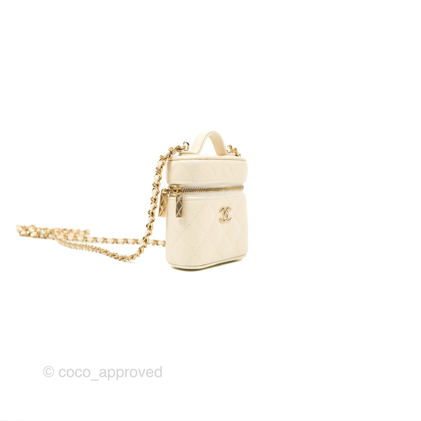 Chanel Quilted Small Handle With Care Vanity Case With Chain White Caviar Gold Hardware