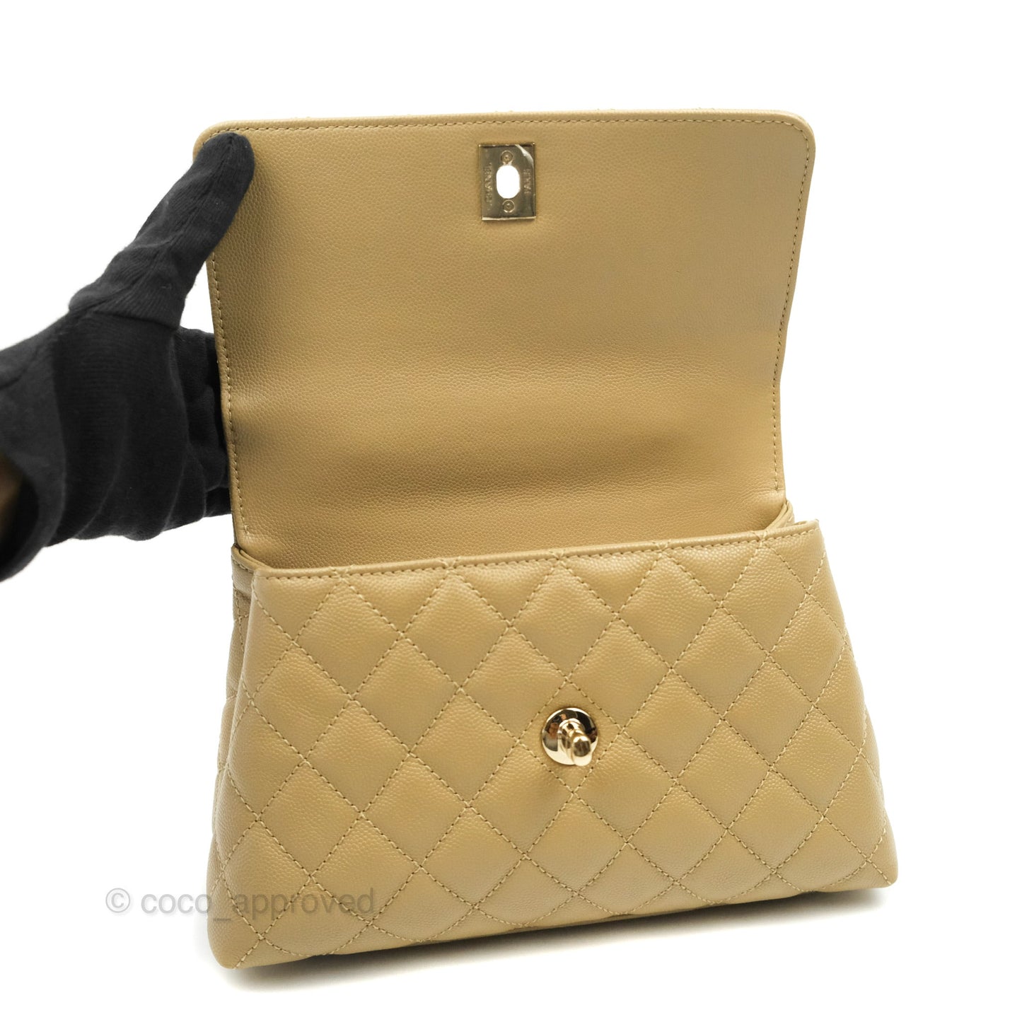 Chanel Small Coco Handle Quilted Dark Beige Caviar Gold Hardware Lizard Embossed Handle 21A