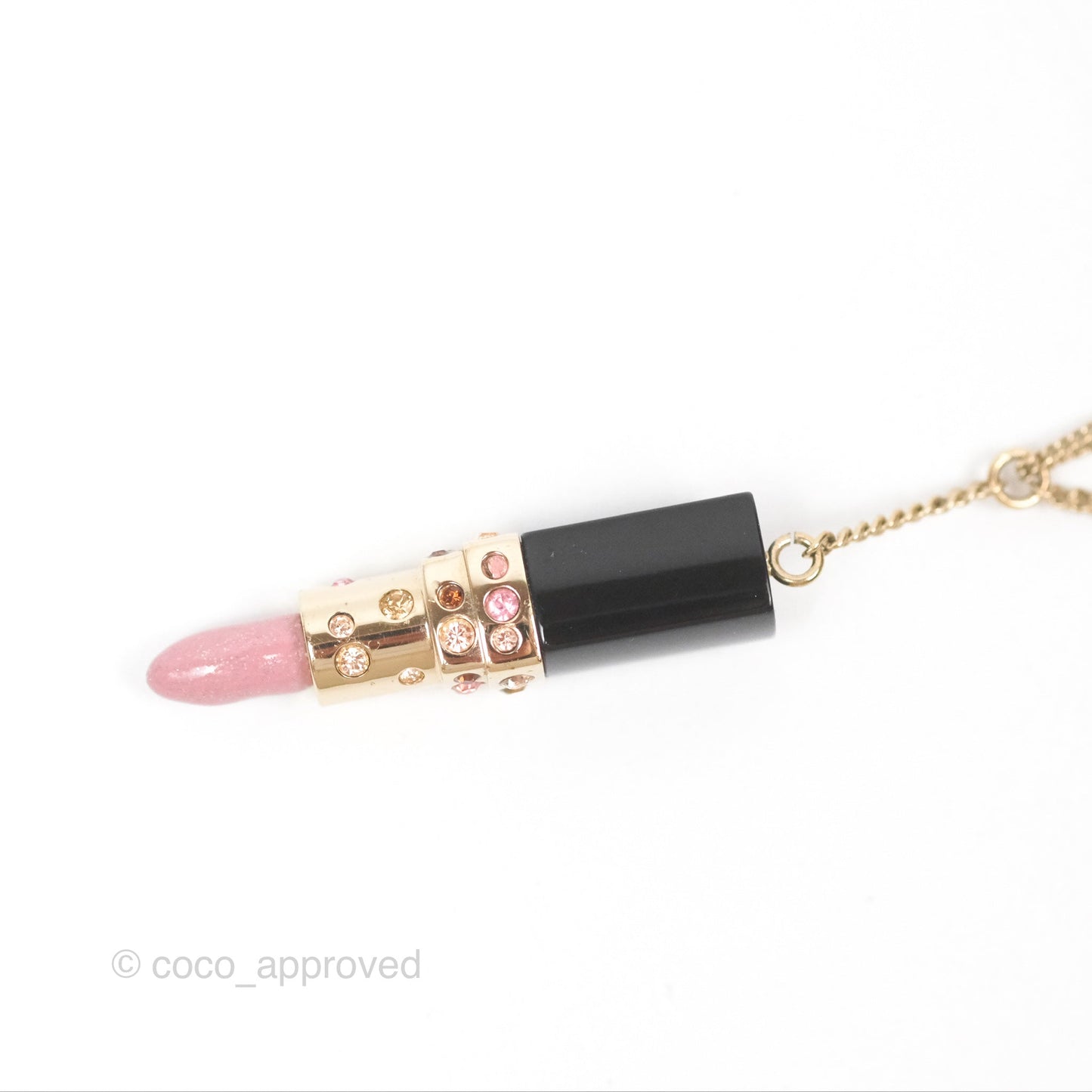 Chanel Crystal Lipstick Charm Pendant Necklace Gold Tone 08A