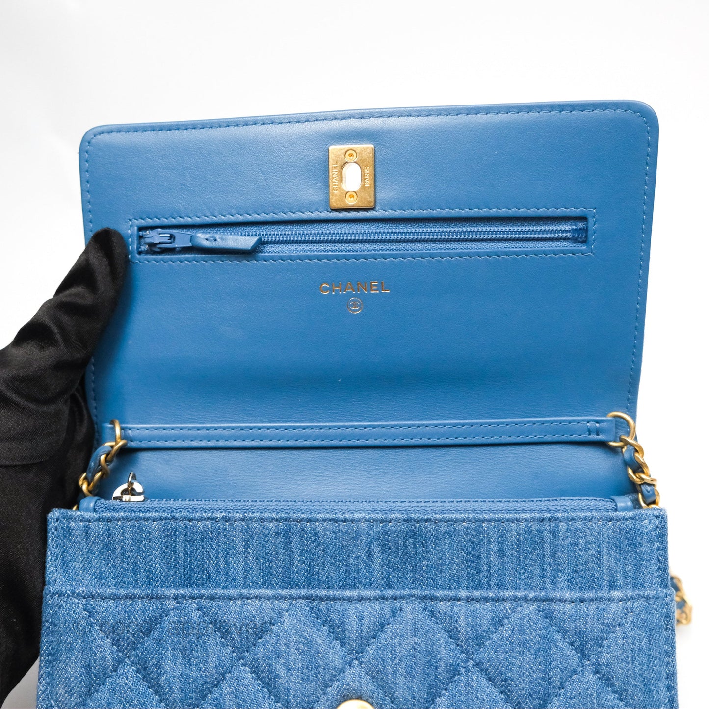 Chanel Quilted Pearl Crush Wallet on Chain WOC Denim Aged Gold Hardware