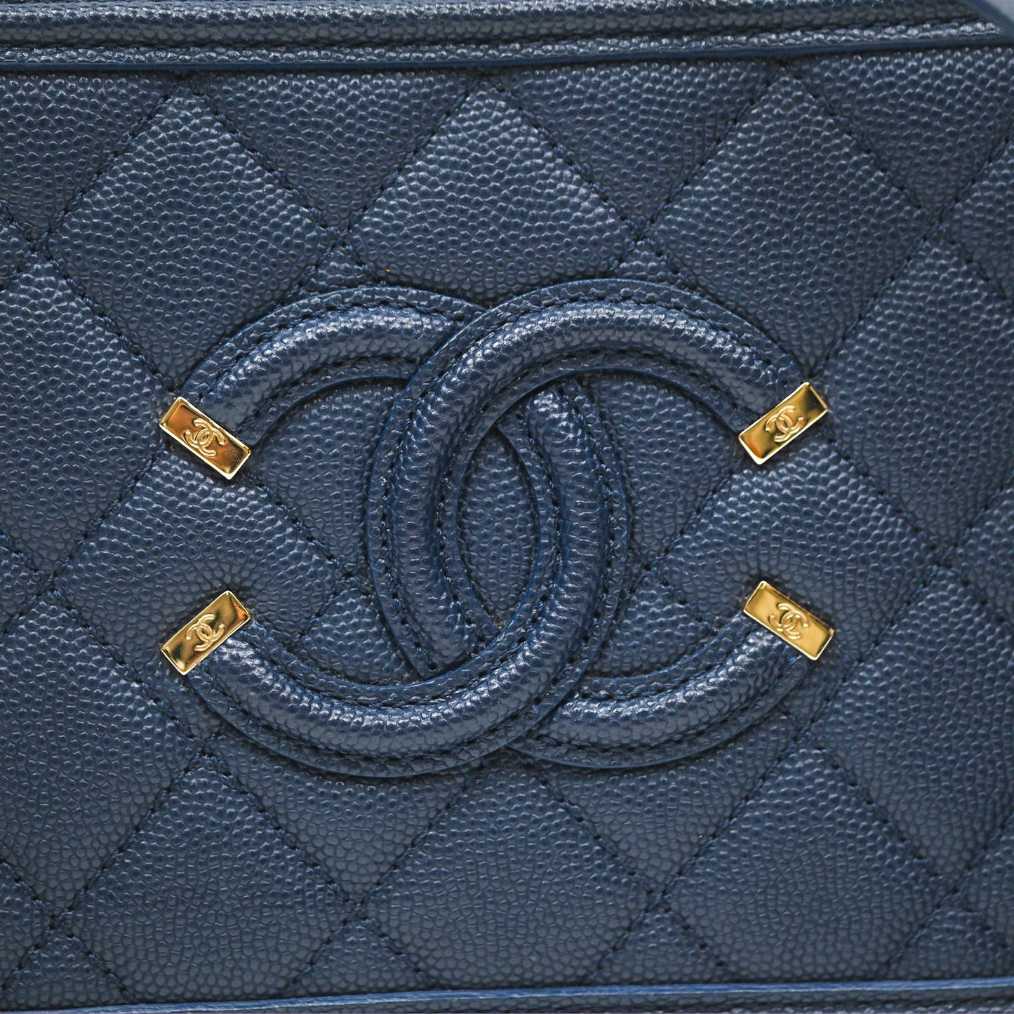 Chanel Quilted Small CC Filigree Vanity Case Navy Caviar Gold Hardware