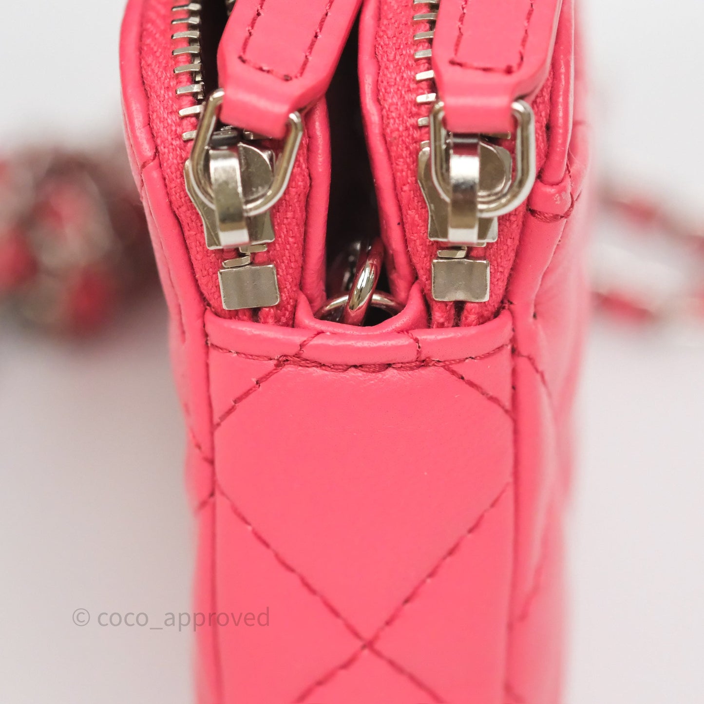 Chanel Double Zip Clutch On Chain Dark Pink Lambskin Silver Hardware