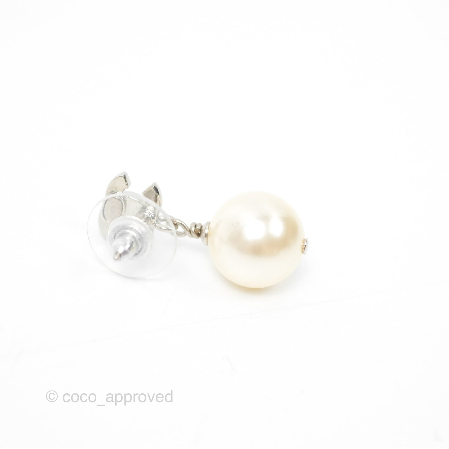 Chanel CC Rhinestone Pearl Drop Earrings Silver Tone
