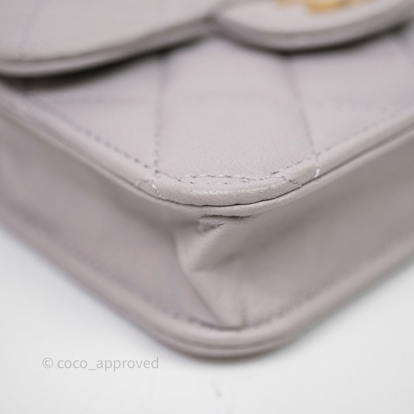 Chanel Mini Handle Flap Coin Purse With Chain Grey Lambskin Aged Gold Hardware