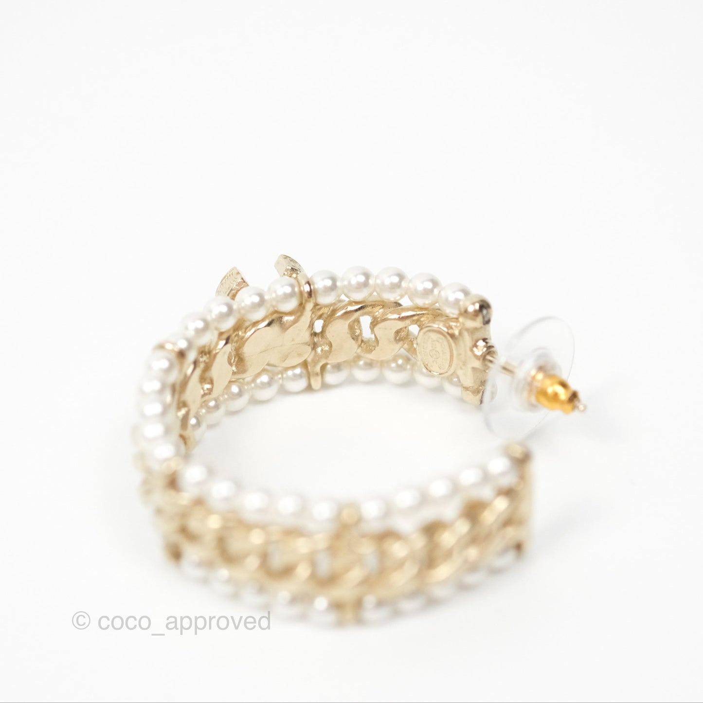 Chanel CC Pearl Hoop Earrings Gold Tone 20C