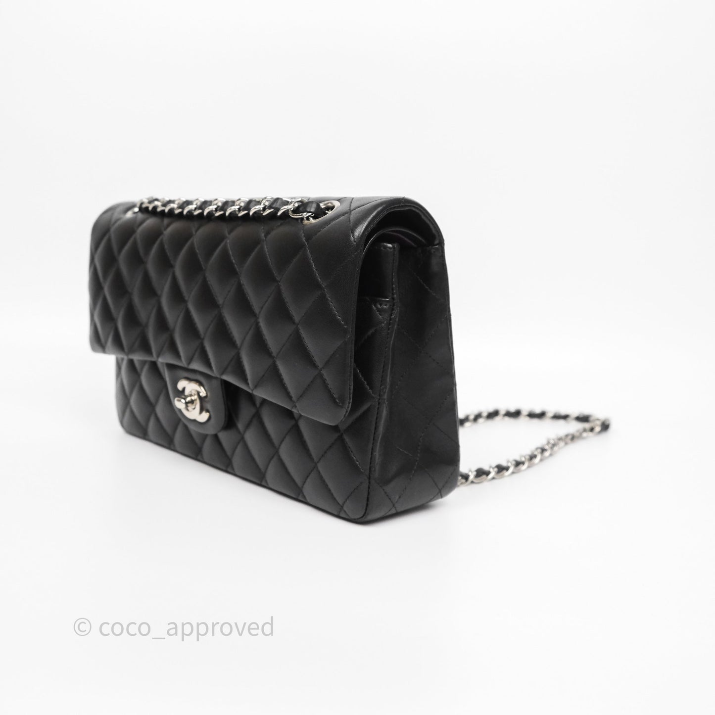 Chanel Classic M/L Medium Flap Quilted Black Lambskin Silver Hardware