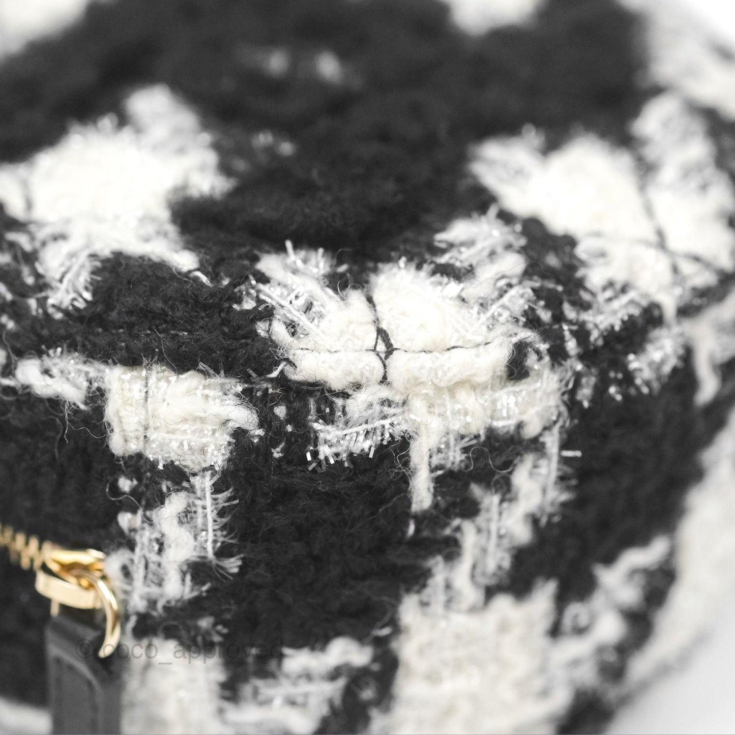 Chanel Shearling CC Round Clutch with Chain & Coin Purse Black & White Houndstooth Tweed