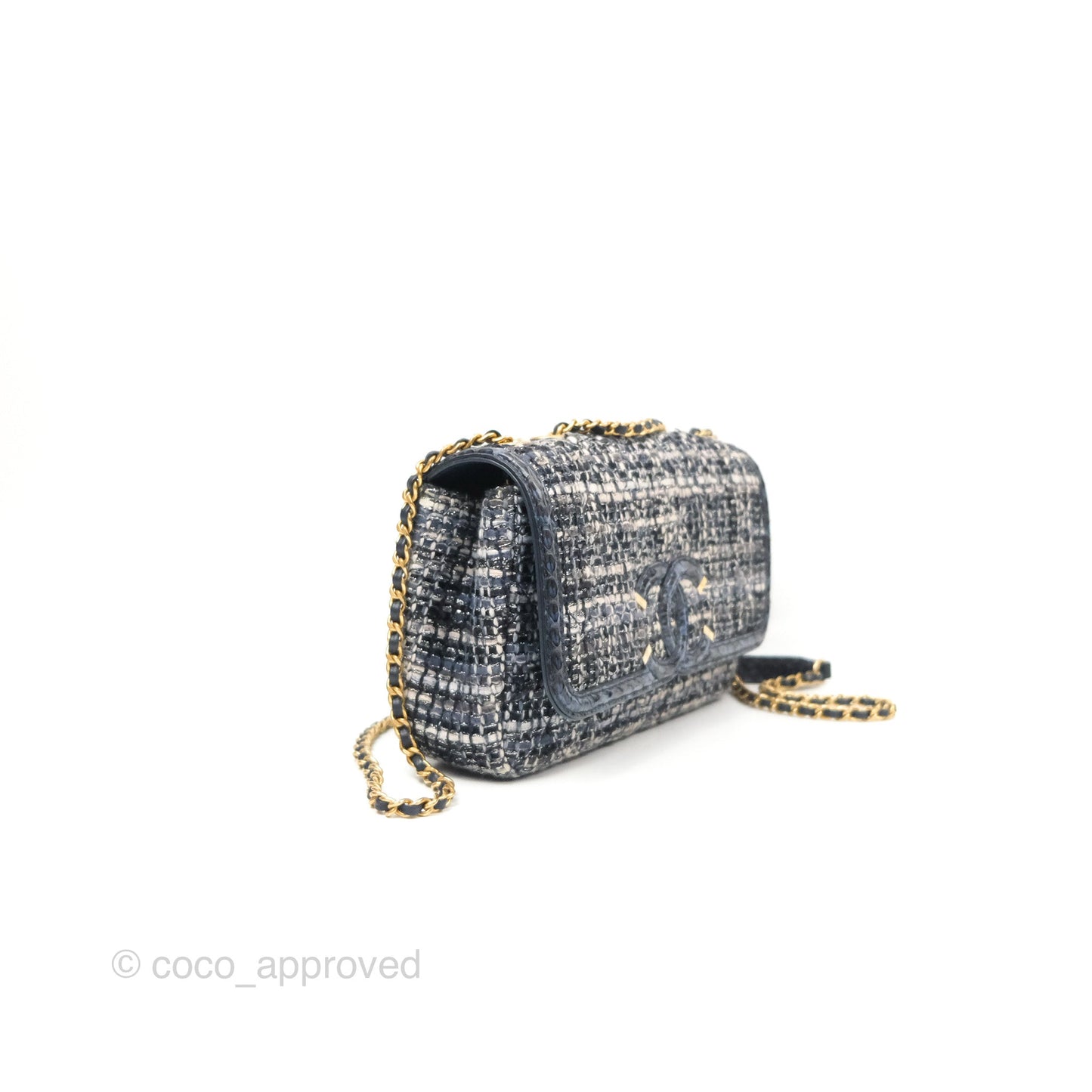 Chanel Quilted Small CC Filigree Flap Navy Tweed Python 18S