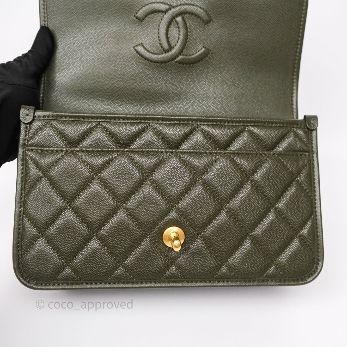 Chanel School Memory Top Handle Flap Army Green Caviar Aged Gold Hardware