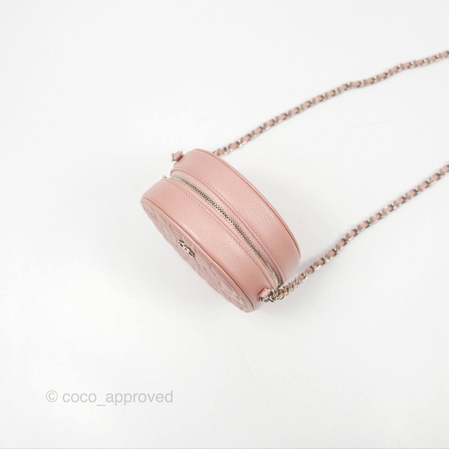 Chanel Camellia Embossed Round Clutch With Chain Iridescent Light Pink Goatskin Silver Hardware
