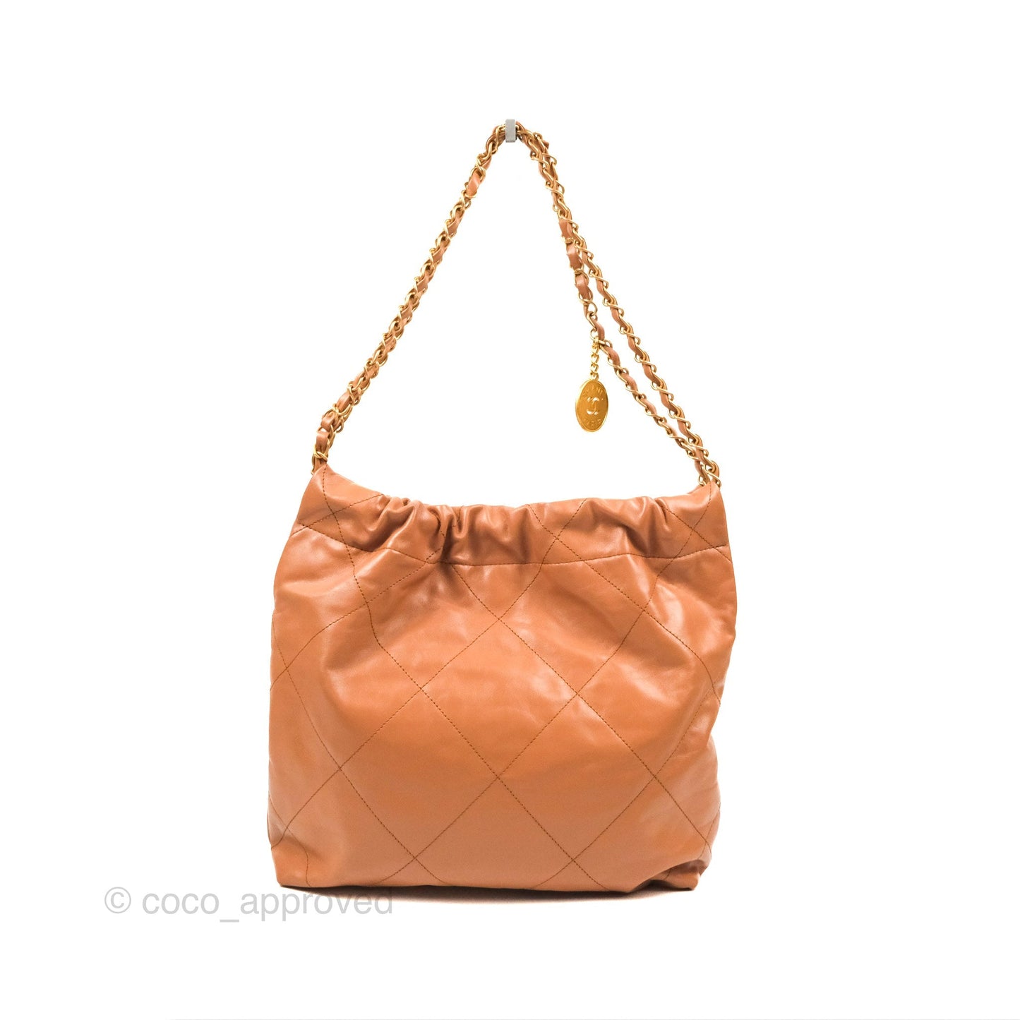 Chanel 22 Small Caramel Beige Shiny Calfskin Aged Gold Hardware
