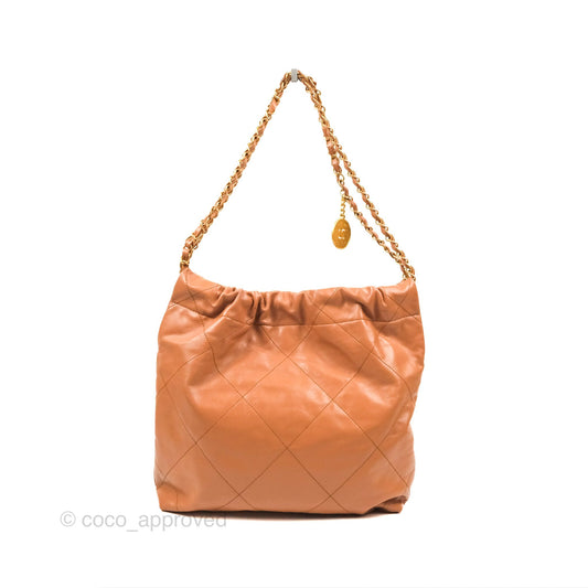 Chanel 22 Small Caramel Beige Shiny Calfskin Aged Gold Hardware