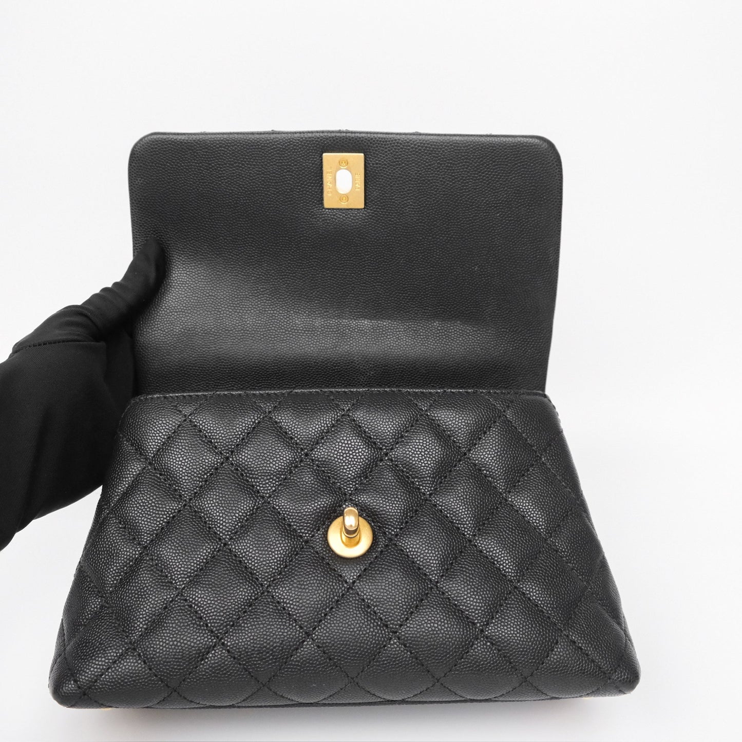 Chanel Small Coco Handle Black Caviar Gold Hardware Lizard Embossed Handle