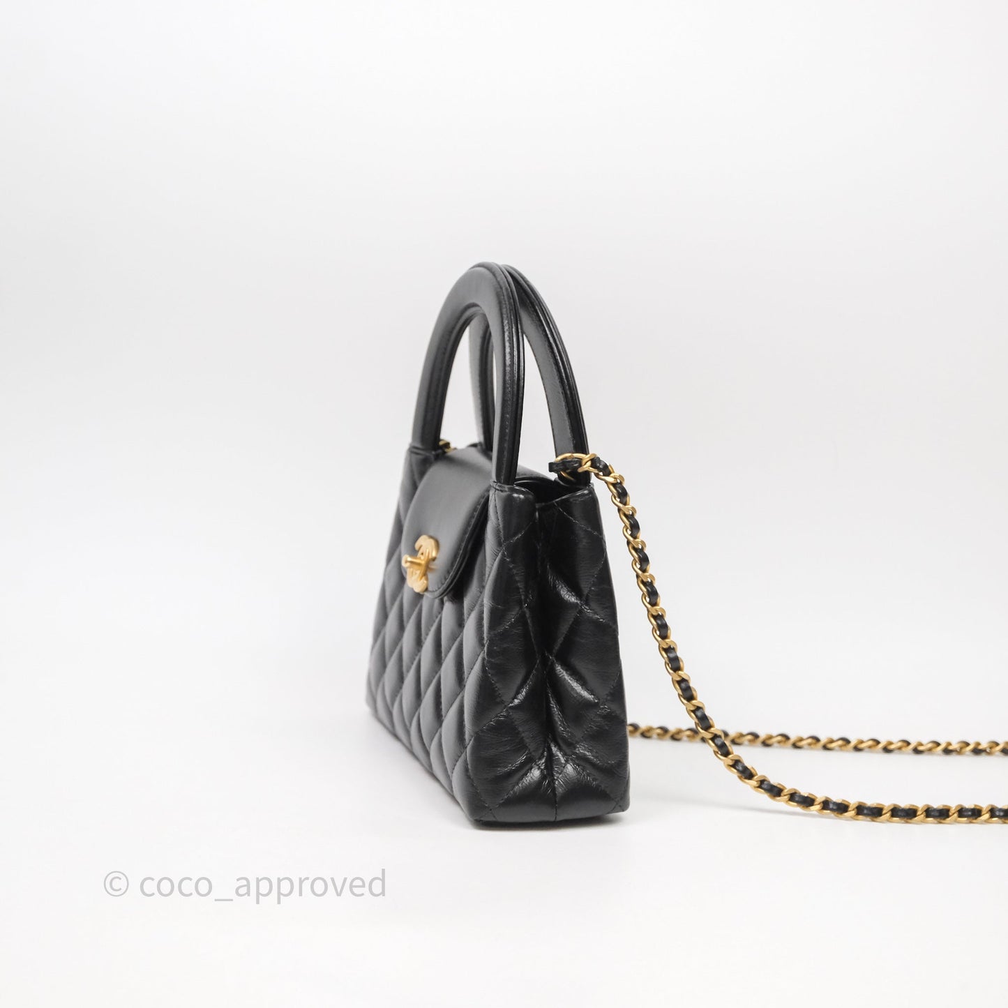 Chanel Kelly Bag Quilted Black Shiny Crumpled Calfskin Aged Gold Hardware