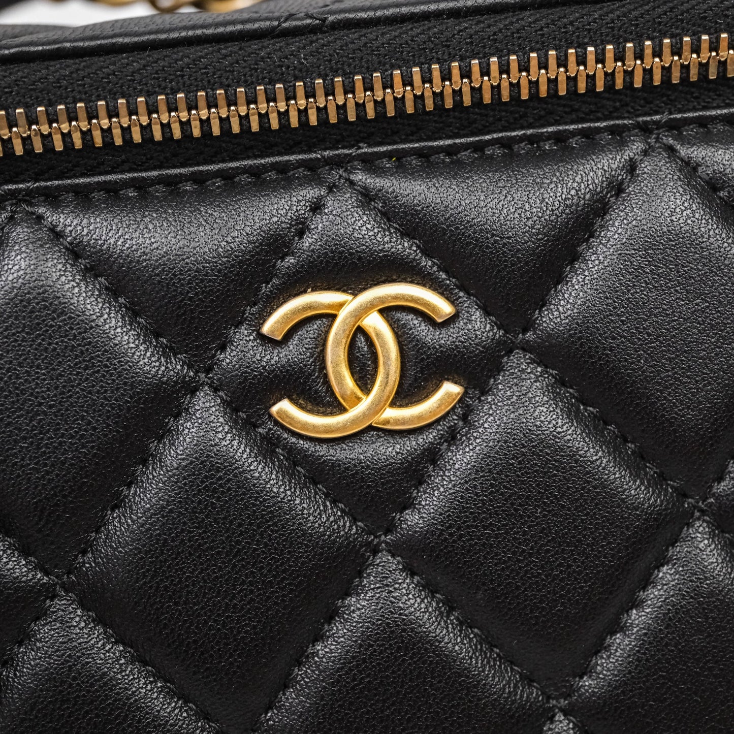 Chanel Vanity Rectangular Metal Top Handle Black Lambskin Aged Gold Hardware