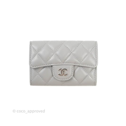 Chanel Quilted Flap Card Holder Grey Lambskin Silver Hardware