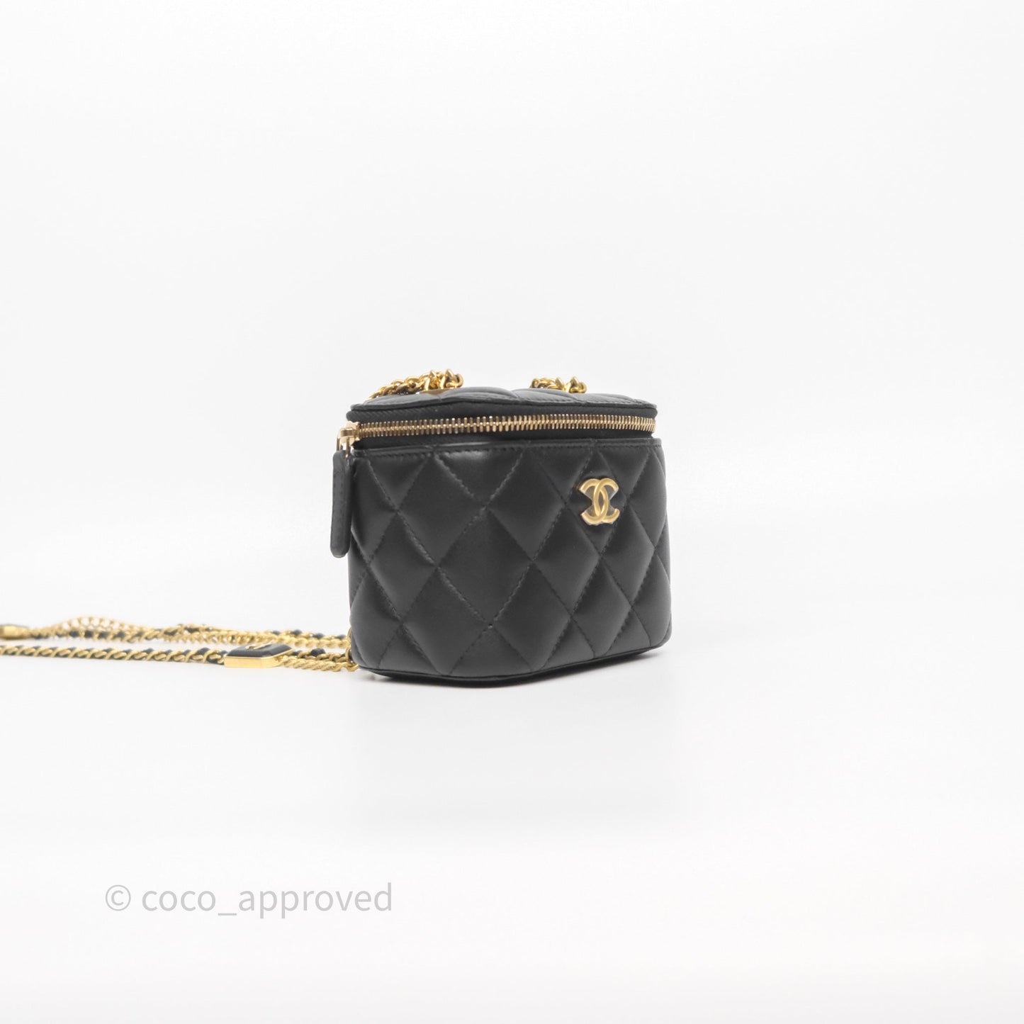 Chanel Mini Vanity With Double Chain Black Lambskin Aged Gold Hardware