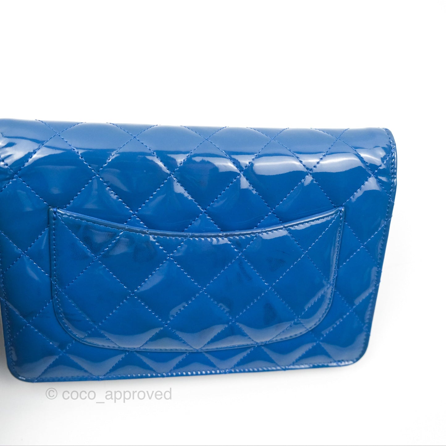 Chanel Quilted Classic Wallet on Chain WOC Blue Patent Silver Hardware