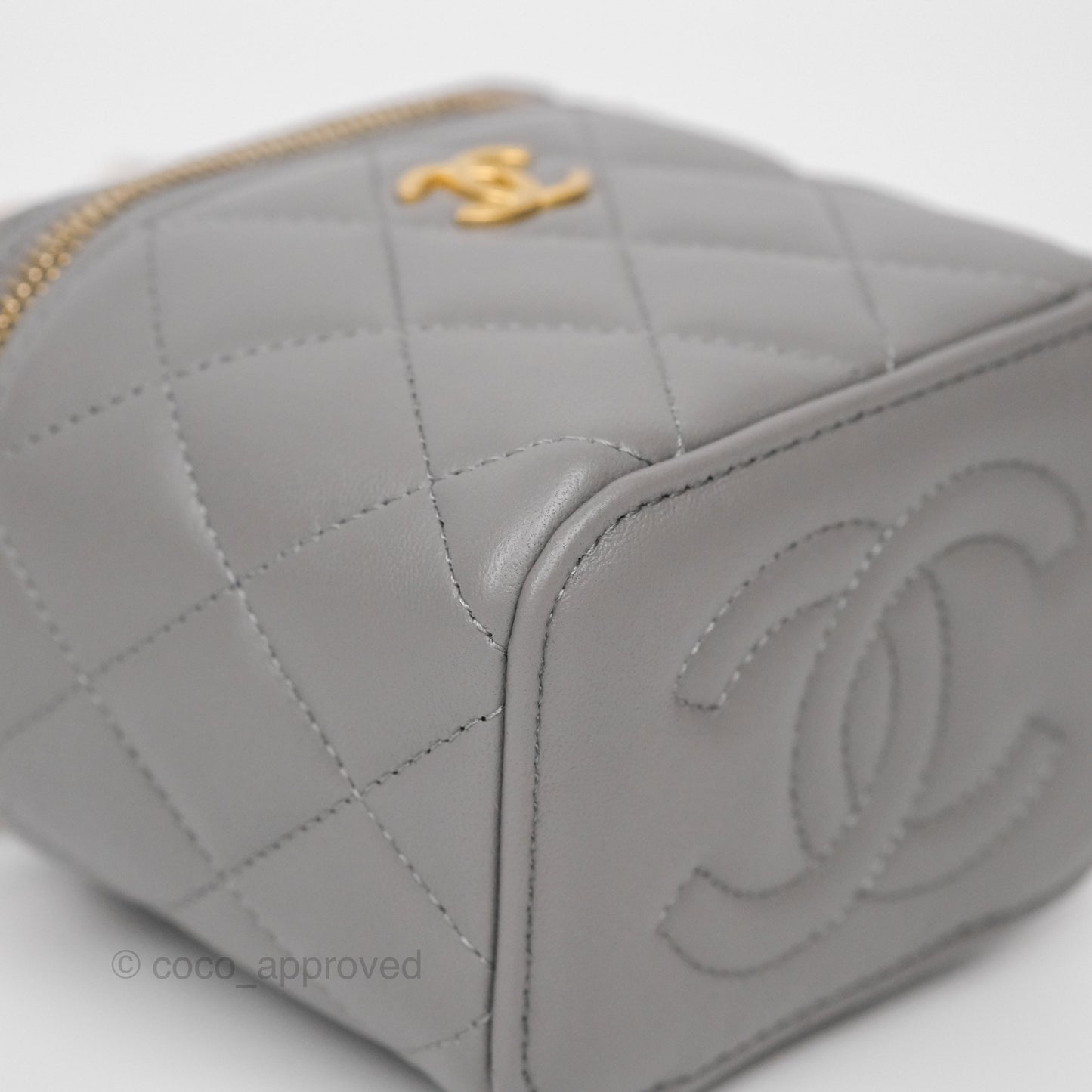 Chanel Mini Metal Top Handle Vanity With Chain Grey Lambskin Aged Gold Hardware