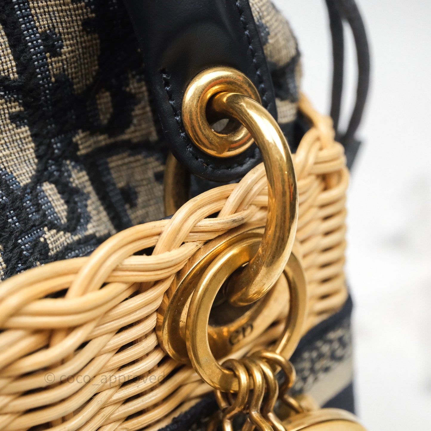 Christian Dior Mini Lady Dior Natural Rattan and Blue Dior Oblique Jacquard