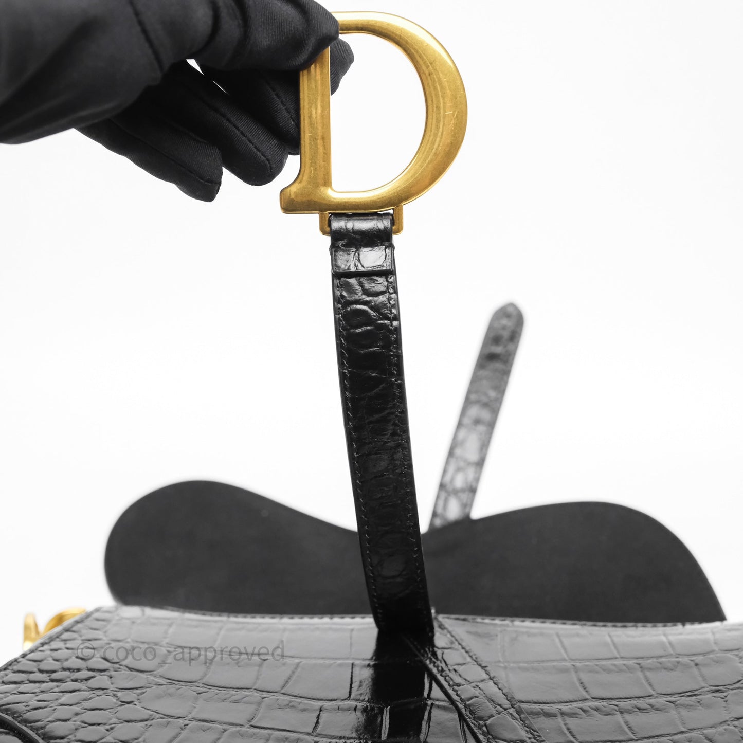 Christian Dior Saddle Bag Black Shiny Crocodile Gold Hardware
