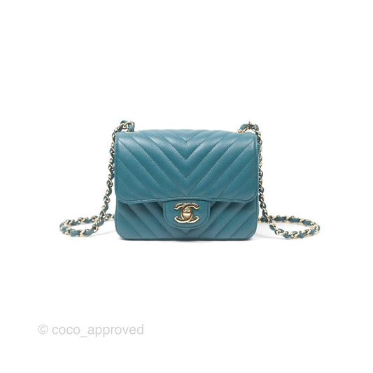 Chanel Mini Square Flap Chevron Teal Caviar Gold Hardware