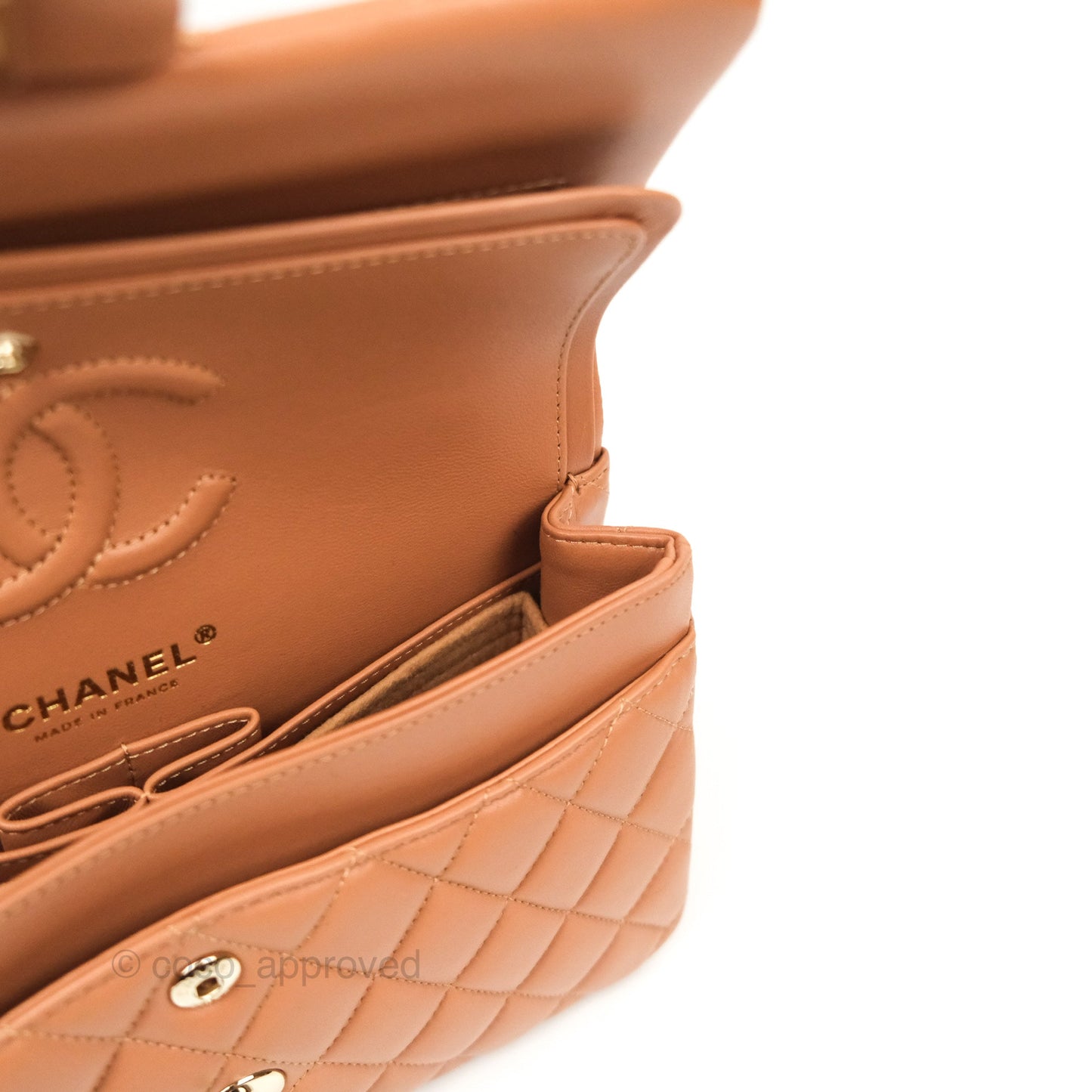 Chanel Small Classic Quilted Flap Dark Beige Caramel Lambskin Gold Hardware