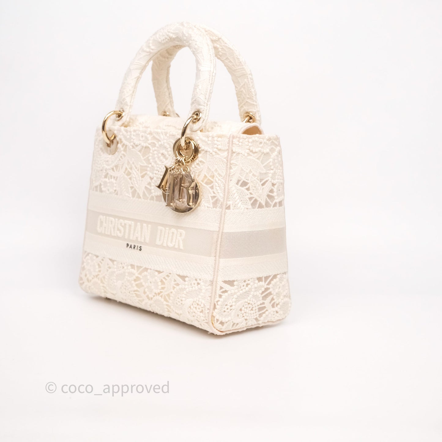 Christian Dior Lace Medium Lady Dior Ivory White Gold Hardware