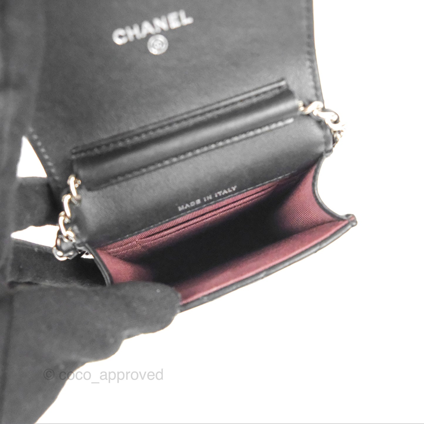 Chanel Classic Chevron Phone Holder Black Calfskin Silver Hardware