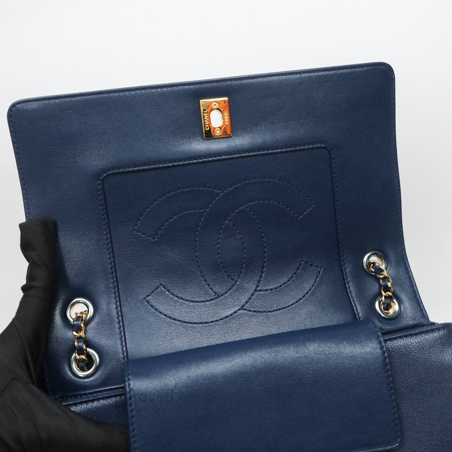 Chanel Mademoiselle Vintage Flap Bag Navy Sheepskin Gold Hardware