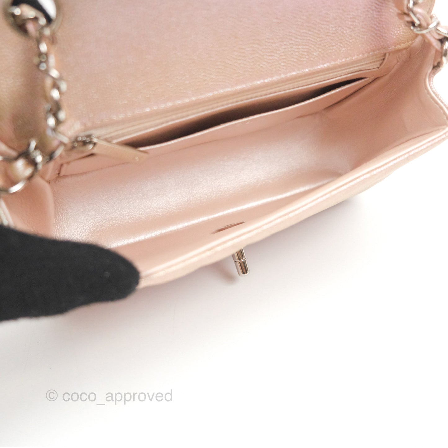 Chanel Chevron Mini Rectangular Flap Iridescent Rose Gold Caviar Ruthenium Hardware 17B