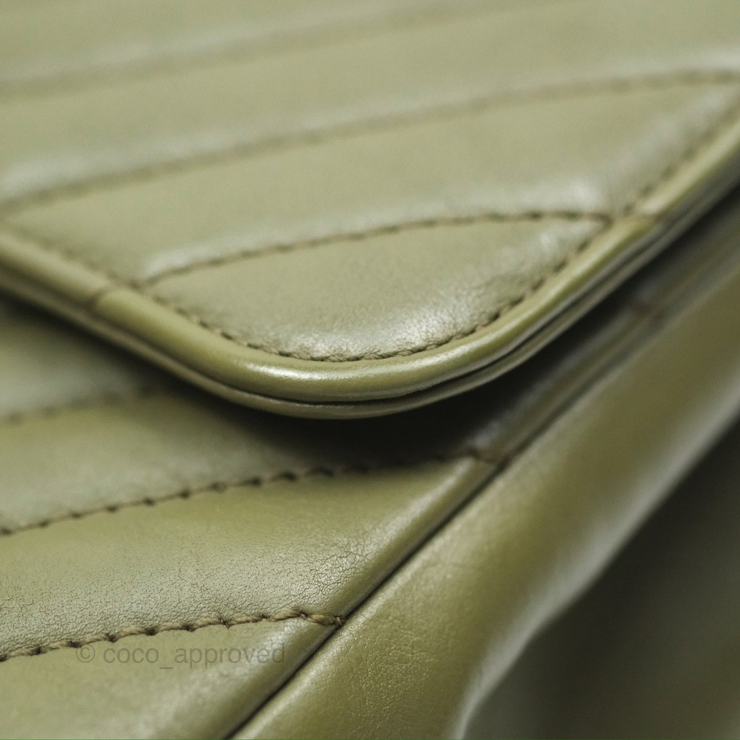 Chanel Mini Square Flap Chevron Olive Green Calfskin Gold Hardware