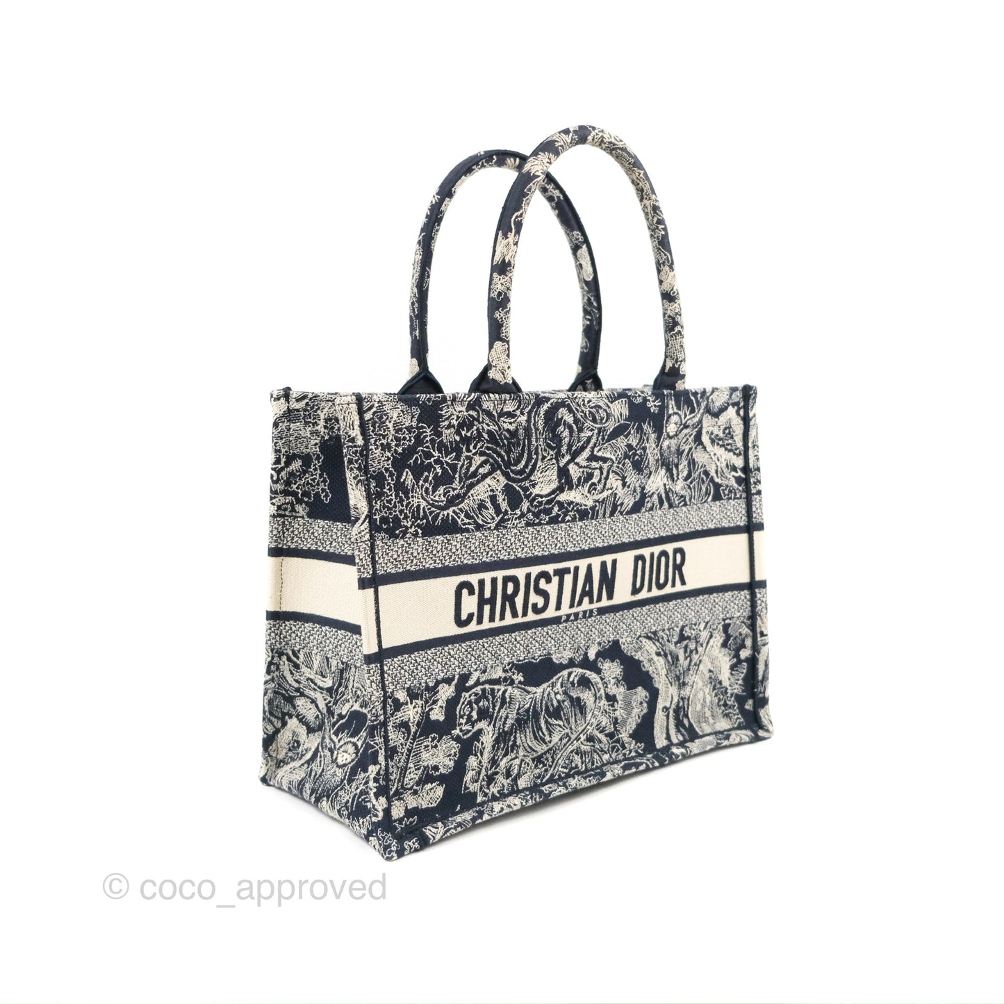 Christian Dior Embroidered Toile De Jouy Small Canvas Book Tote Navy