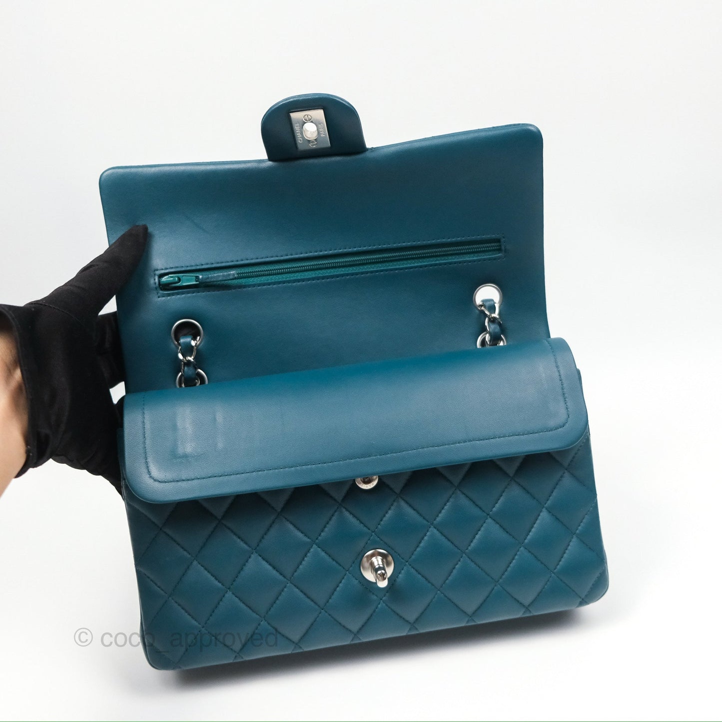 Chanel Classic M/L Medium Flap Quilted Teal Lambskin Silver Hardware
