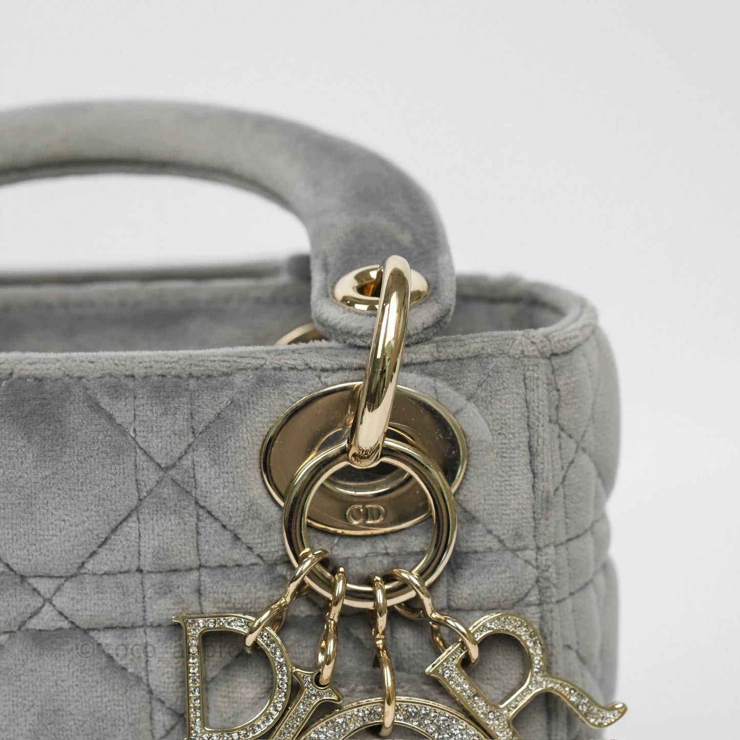 Dior Mini Lady Dior Grey Velvet Cannage Crystal Charms Gold Hardware