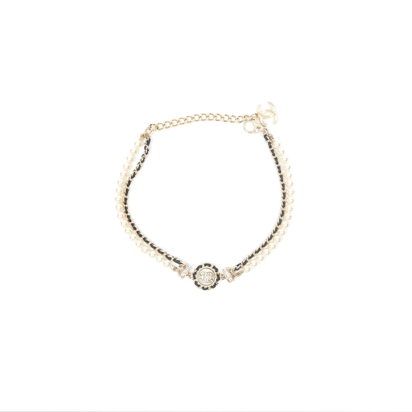 Chanel Crystal CC Pearl Black Leather Chain Braided Necklace Gold Tone 21K