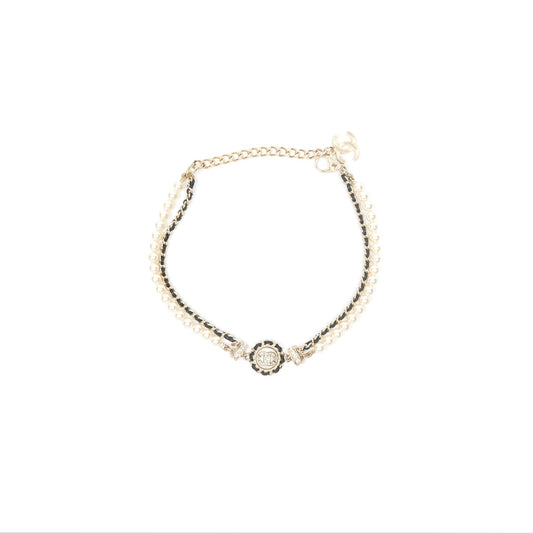 Chanel Crystal CC Pearl Black Leather Chain Braided Necklace Gold Tone 21K