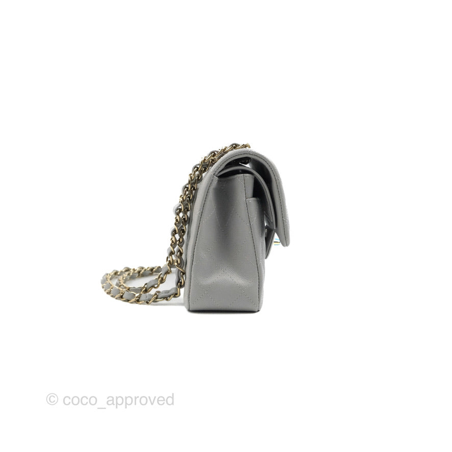 Chanel Classic Small S/M Quilted Flap Grey Caviar Gold Hardware 21A