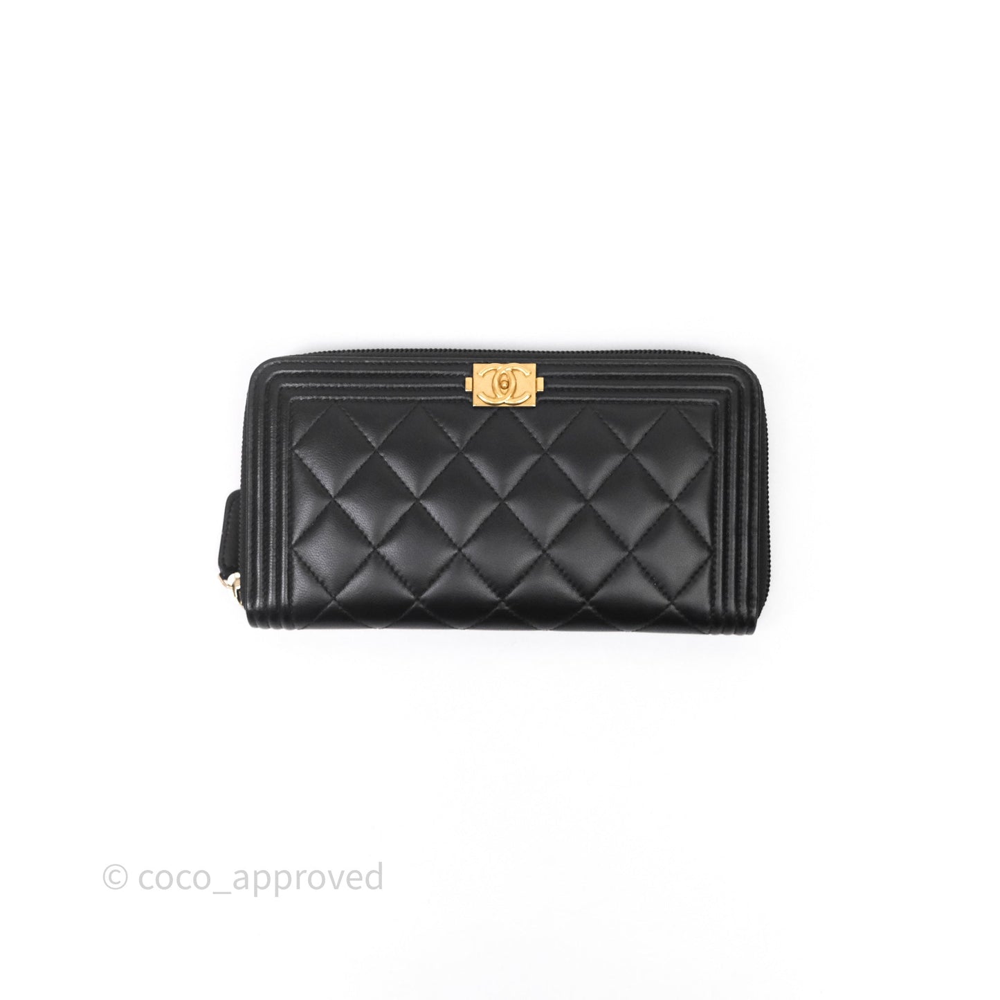 Chanel Boy Zip Long Wallet Black Lambskin Gold Hardware