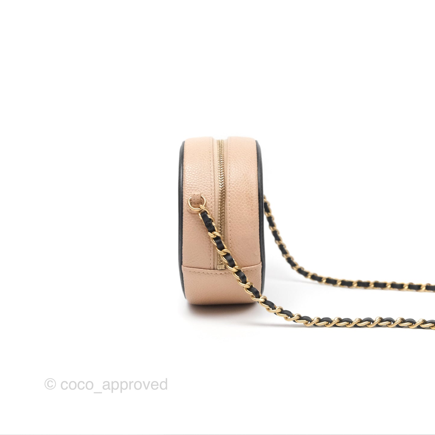 Chanel Quilted Round Filigree Clutch With Chain Beige Black Caviar Gold Hardware