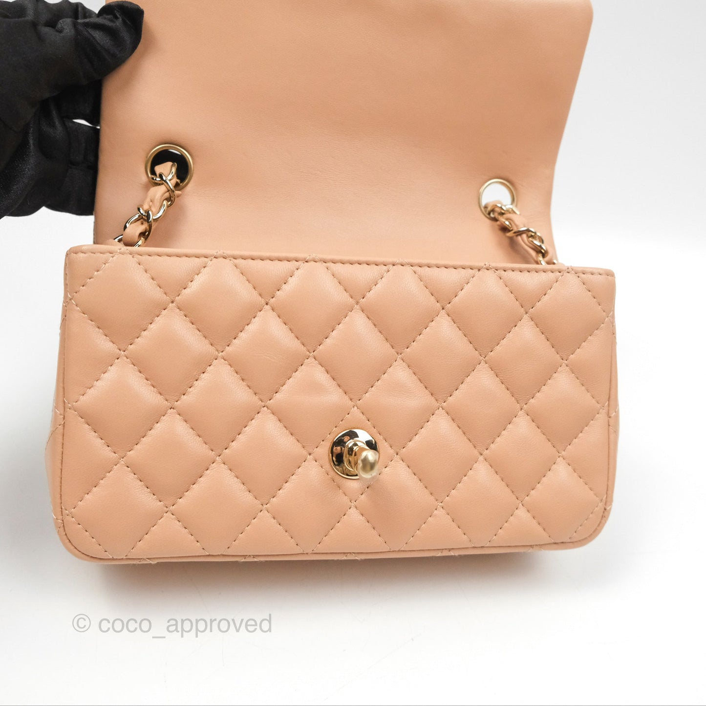 Chanel Quilted Mini Rectangular Flap Beige Lambskin Gold Hardware