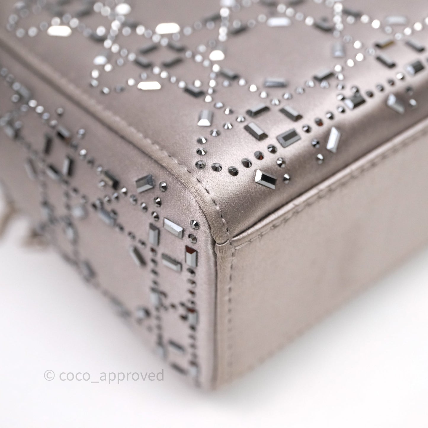 Christian Dior Mini Lady Dior Bag Grey Strass Cannage Satin Silver Hardware