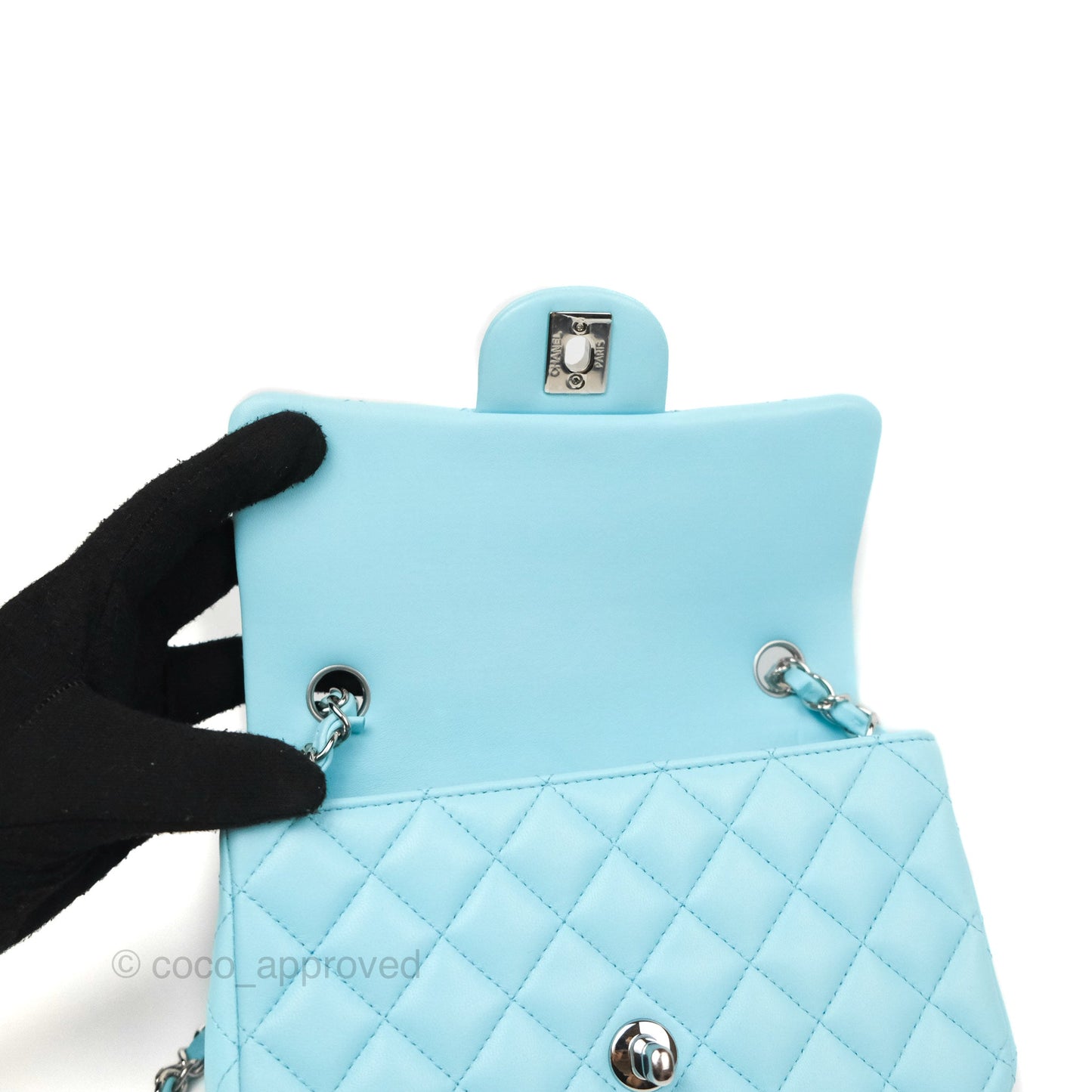 Chanel Quilted Mini Rectangular Flap Neon Blue Lambskin Silver Hardware 21S