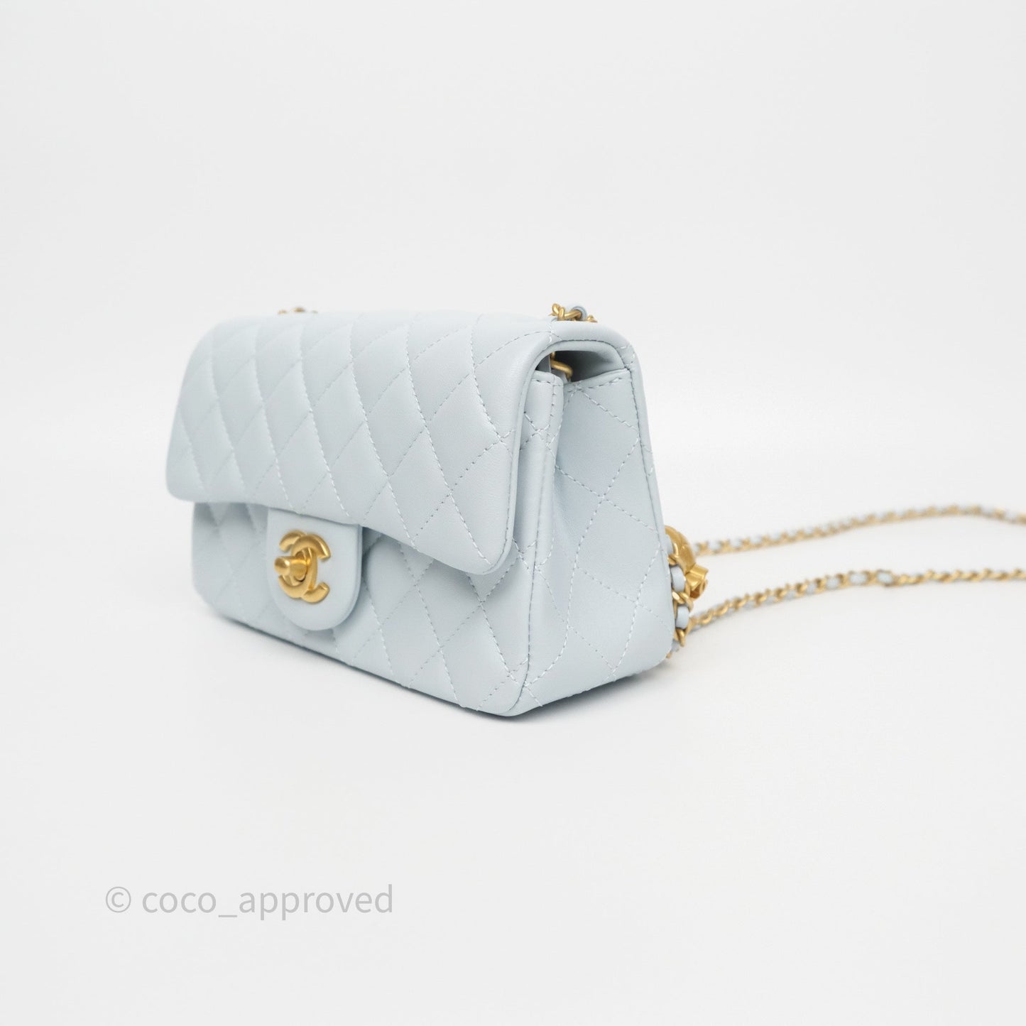 Chanel Pearl Crush Mini Rectangular Light Blue Lambskin Aged Gold Hardware