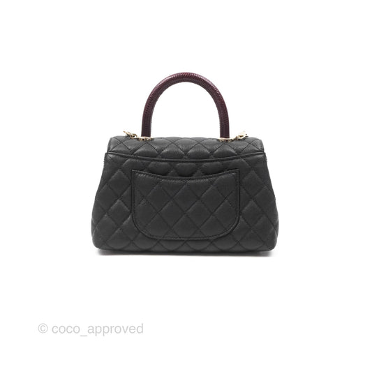 Chanel Small Coco Handle Quilted Black Caviar Gold Hardware Embossed Lizard Handle