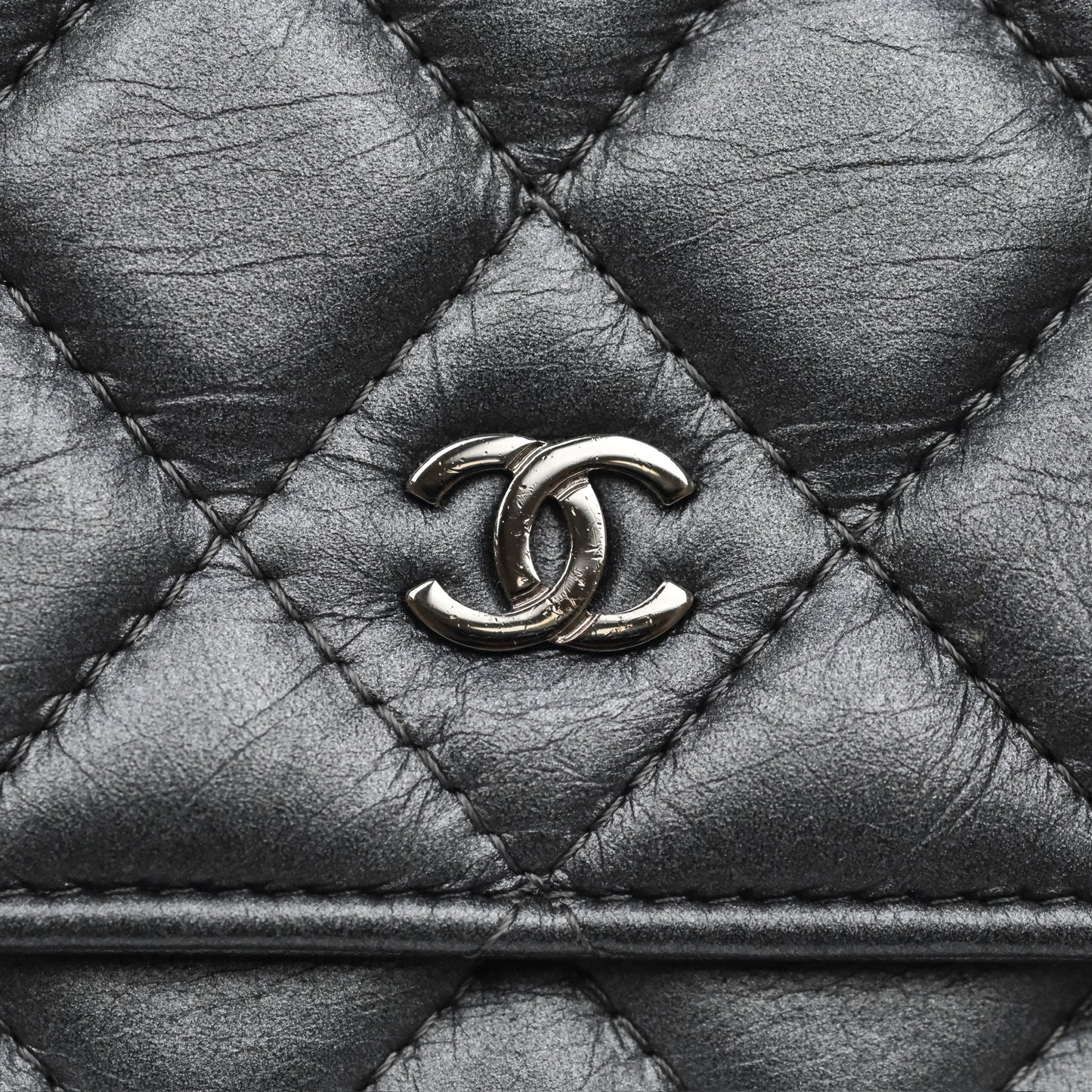 Chanel Tassel Charm Wallet On Chain WOC Iridescent Dark Silver Aged Calfskin