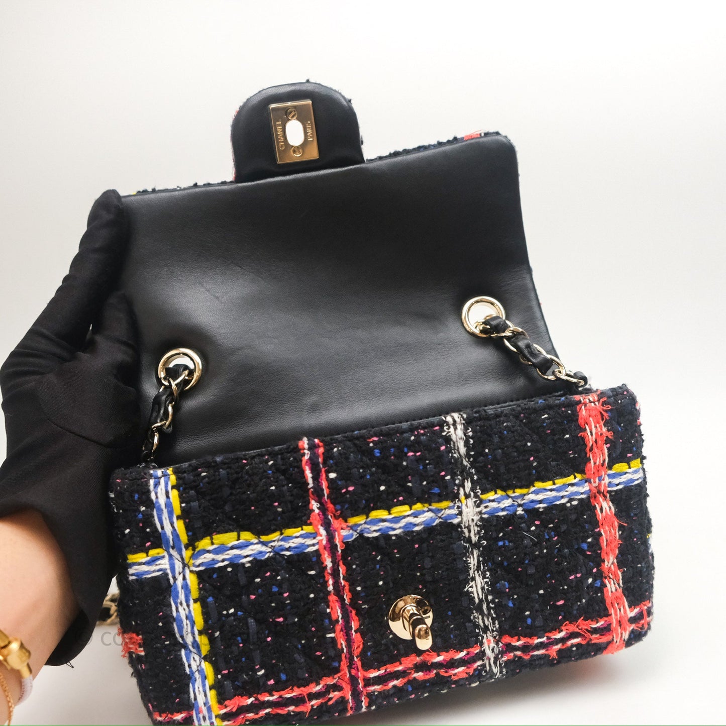 Chanel Mini Rectangular Flap Navy Tweed Gold Hardware
